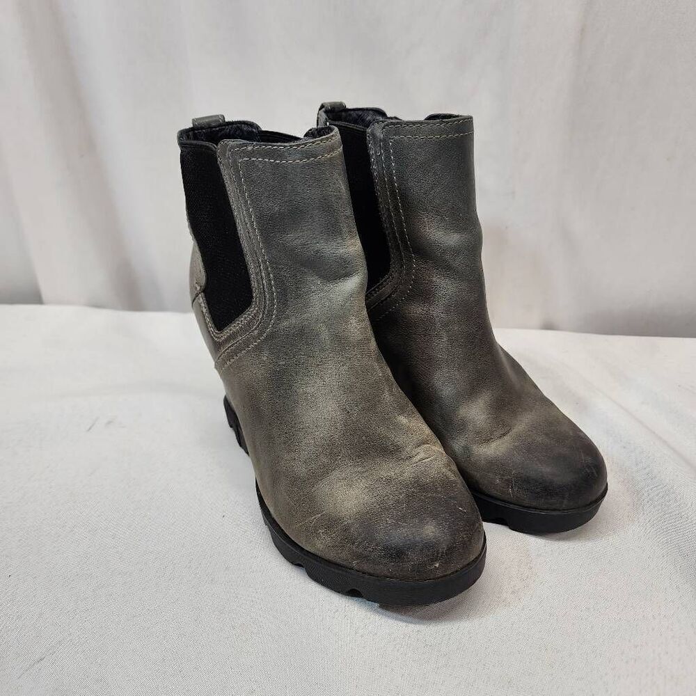 Sorel Women's 6 Joan Uptown Chelsea - Rain - Waterproof Grey Leather Wedge Boot